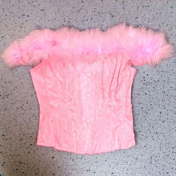 Dolls Kill Sugar Thrillz TURNOUT FOR WHAT JACQUARD BUSTIER Feathered Corset Top - Picture 2 of 5